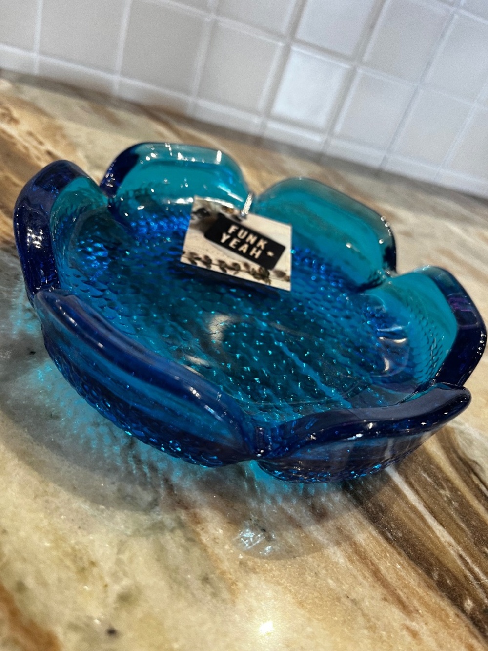 Vintage Blenko Blue Glass Flower Shaped Ashtray
